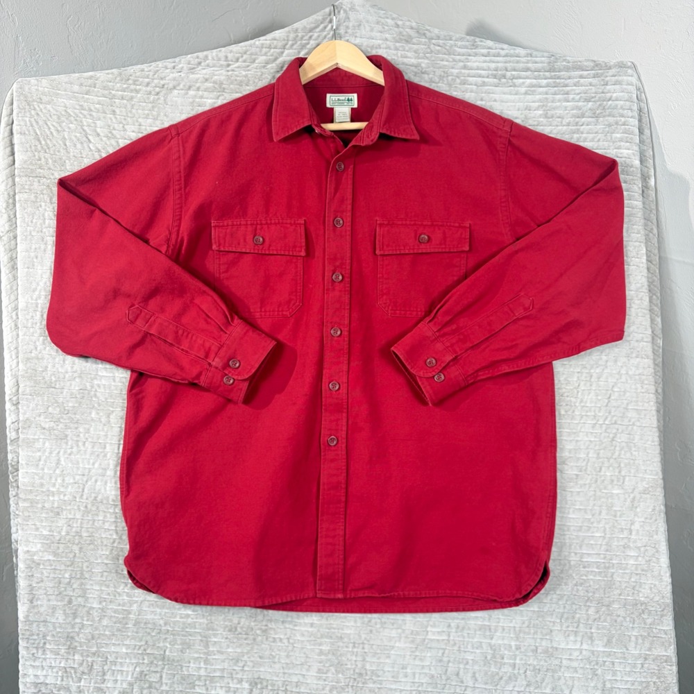LL Bean Mens XL Red Cotton Canvas Long Sleeve Button Down Utility Shirt 187923